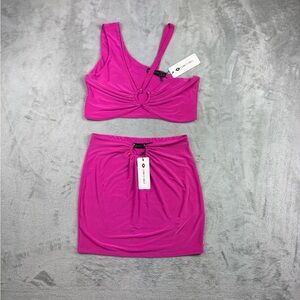 I Saw It First hot pink Aysmetric bralette and mini skirt NWT